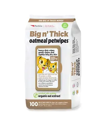 Petkin Big n Thick Oatmeal Wipes (100 wipes) – Cleans Face, Ears Body Area For Dogs Cats