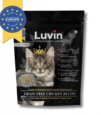 Luvin Grain-Free Cat Food Chicken Recipe for All Breed Cats 350 g | Chicken Recipe with Superfoods & Fucntional Supplements for Growth & Reproduction