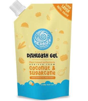 Herbiza Lemon Peel Dishwash Gel| Concentrated Formula |Coconut and sugarcane Surfactants 1.8 Litre