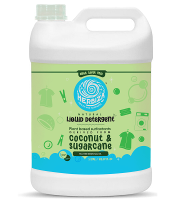 Herbiza Natural Liquid Detergent - Sugarcane and Coconut Surfactants with Tea Tree Essential Oil | Front, Top load, Hand-wash| 5 Litre