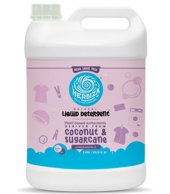 Herbiza Natural Liquid Detergent - Sugarcane and Coconut Surfactants with Lavender Essential Oil | Front, Top load, Hand-wash | 5Litre